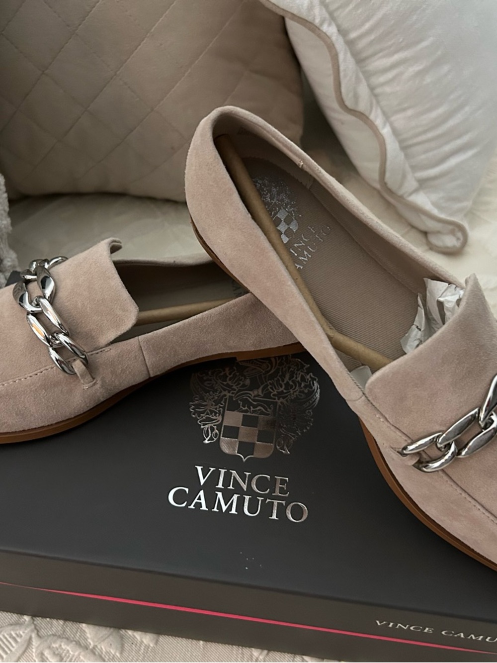 Vince Camuto Taupe Suede Loafers with Silver Chain